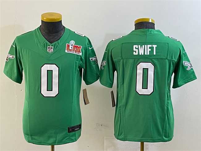 Youth Philadelphia Eagles #0 D%27Andre Swift Green 2025 Super Bowl LIX Patch F.U.S.E. Throwback Vapor Untouchable Limited Stitched Jersey